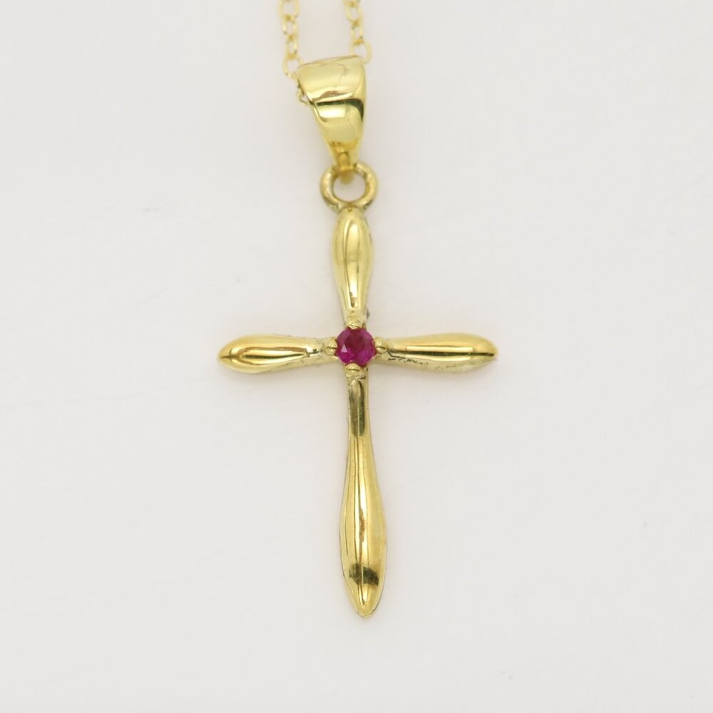 Silver Cross Natural Red Ruby Cross Pendant plated with 14k gold